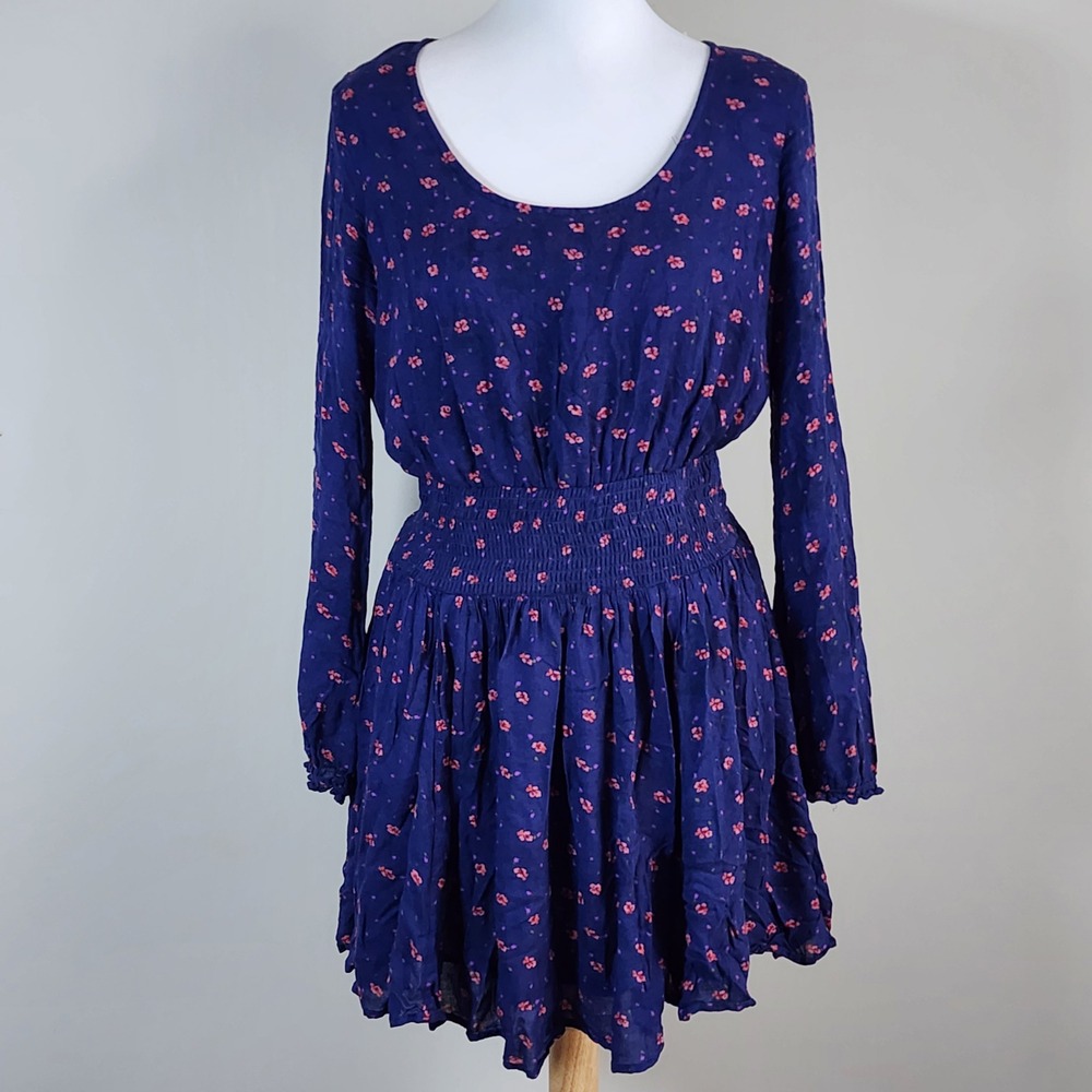 Kimchi Blue Floral Mini Dress Womens M Smocked Waist Long Sleeve Boho Prairie